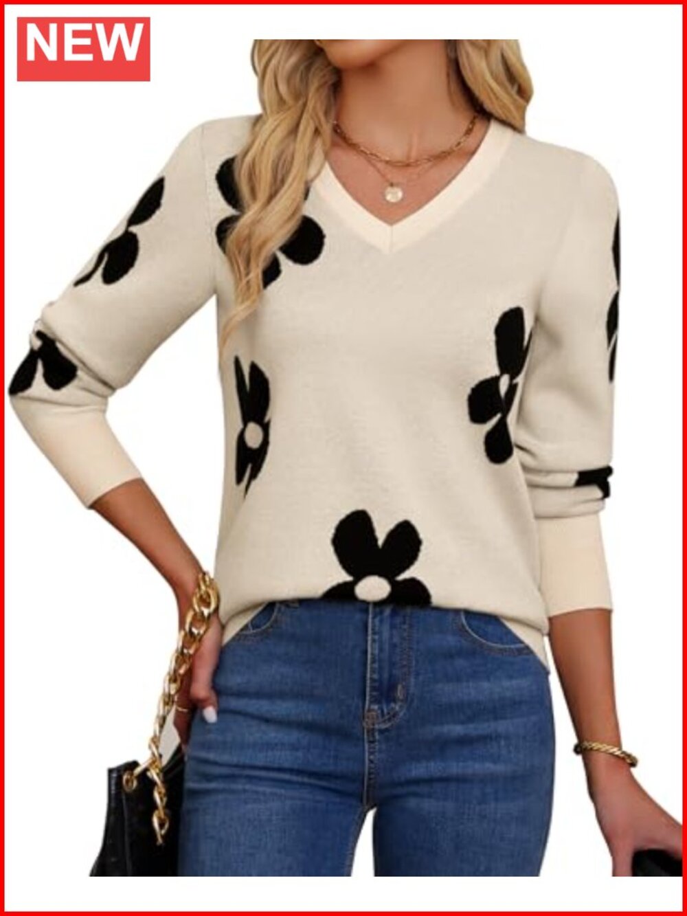 Womens V Neck Knit Sweater Long Sleeve Lightweight Pullover Casual Winter Top